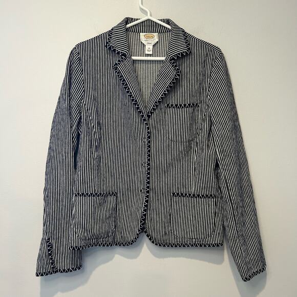Talbots Jackets & Blazers - Talbots Womens‎ Denim Navy White Pinstripe Blazer Snap Closure Stretch Sz 14